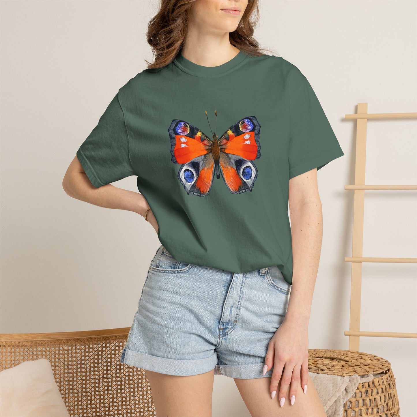 Butterfly Graphic T-Shirt — Vibrant Peacock Butterfly Print on Natural Tee