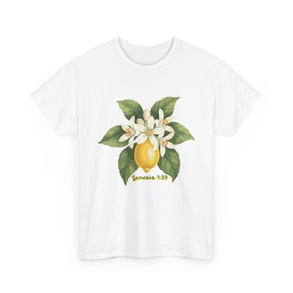 T-Shirt — Lemon Blossom Graphic Tee with 'Genesis 1:29' Scripture