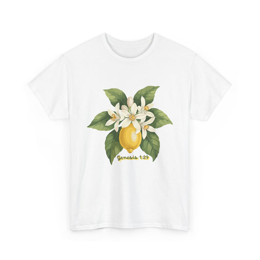 T-Shirt — Lemon Blossom Graphic Tee with 'Genesis 1:29' Scripture