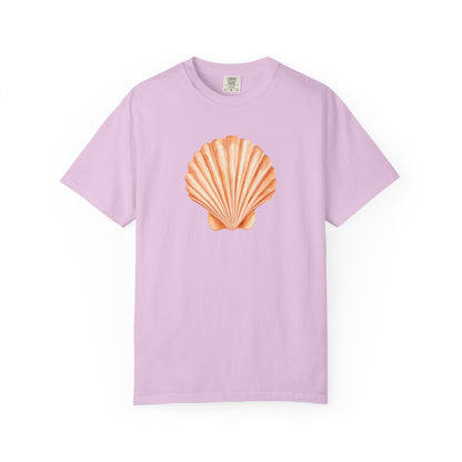 Shell Pocket T-Shirt — Minimal Beach Tee with Orange Seashell