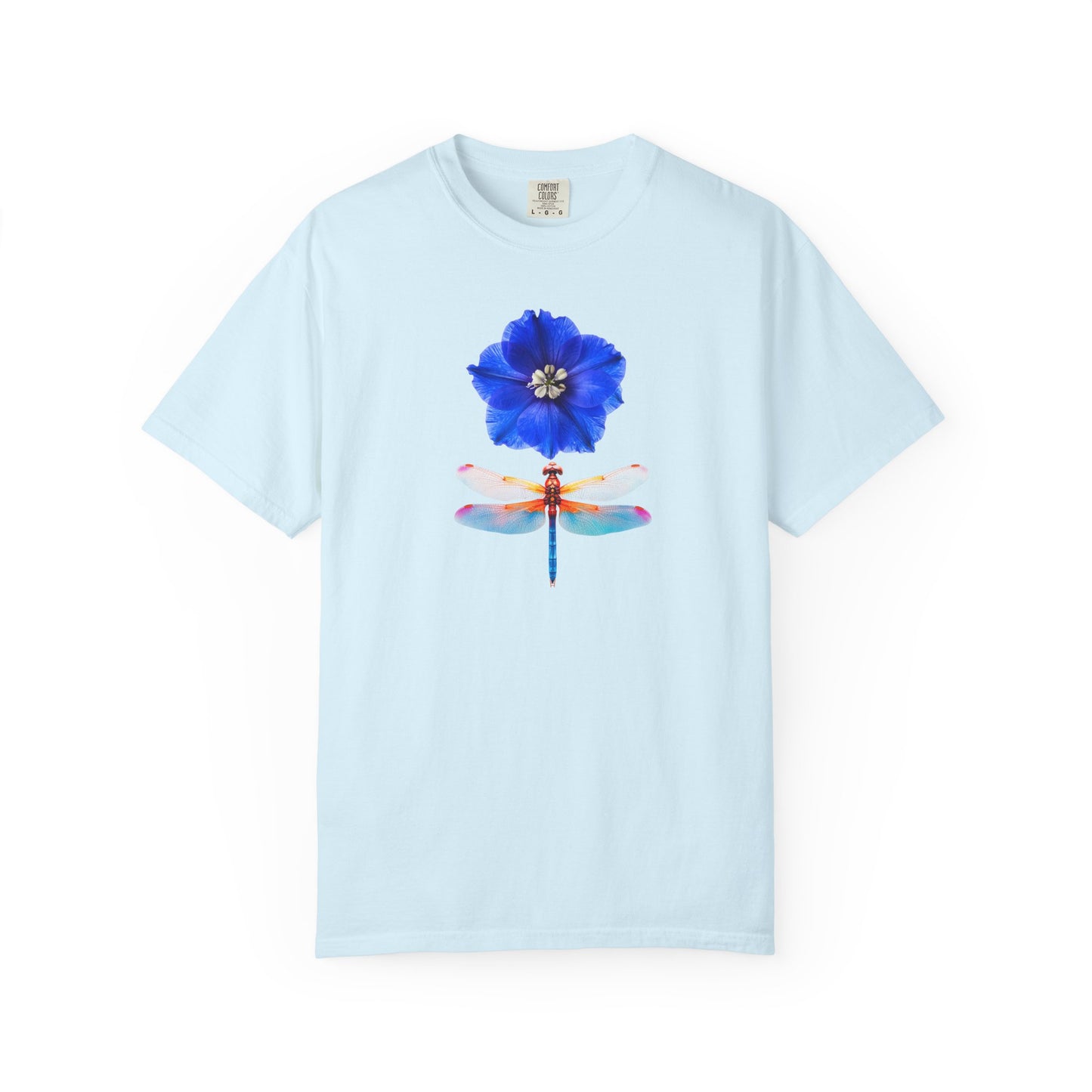 Dragonfly & Blue Blossom T-Shirt — Floral Nature Graphic Tee