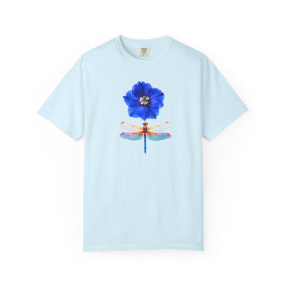 Dragonfly & Blue Blossom T-Shirt — Floral Nature Graphic Tee