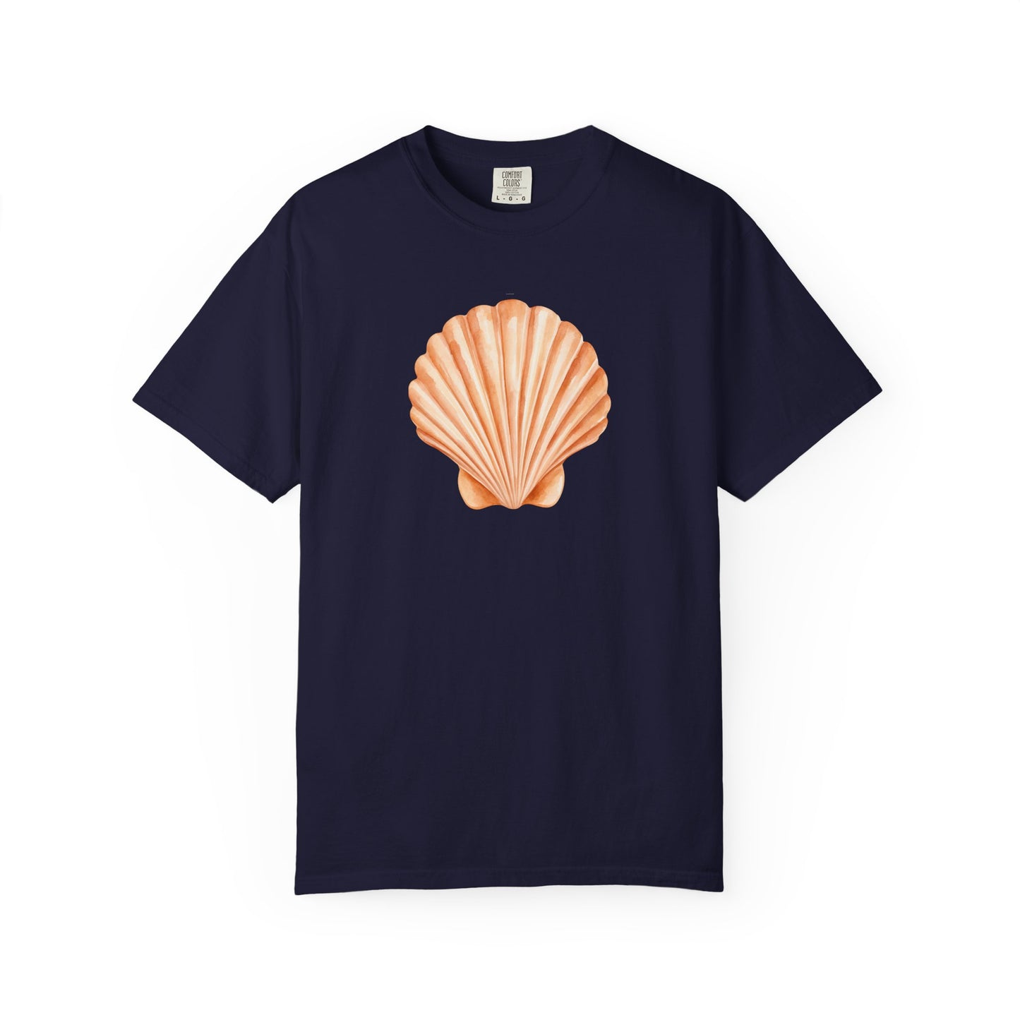 Shell Pocket T-Shirt — Minimal Beach Tee with Orange Seashell