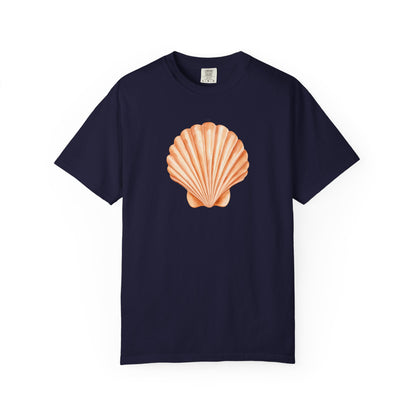 Shell Pocket T-Shirt — Minimal Beach Tee with Orange Seashell