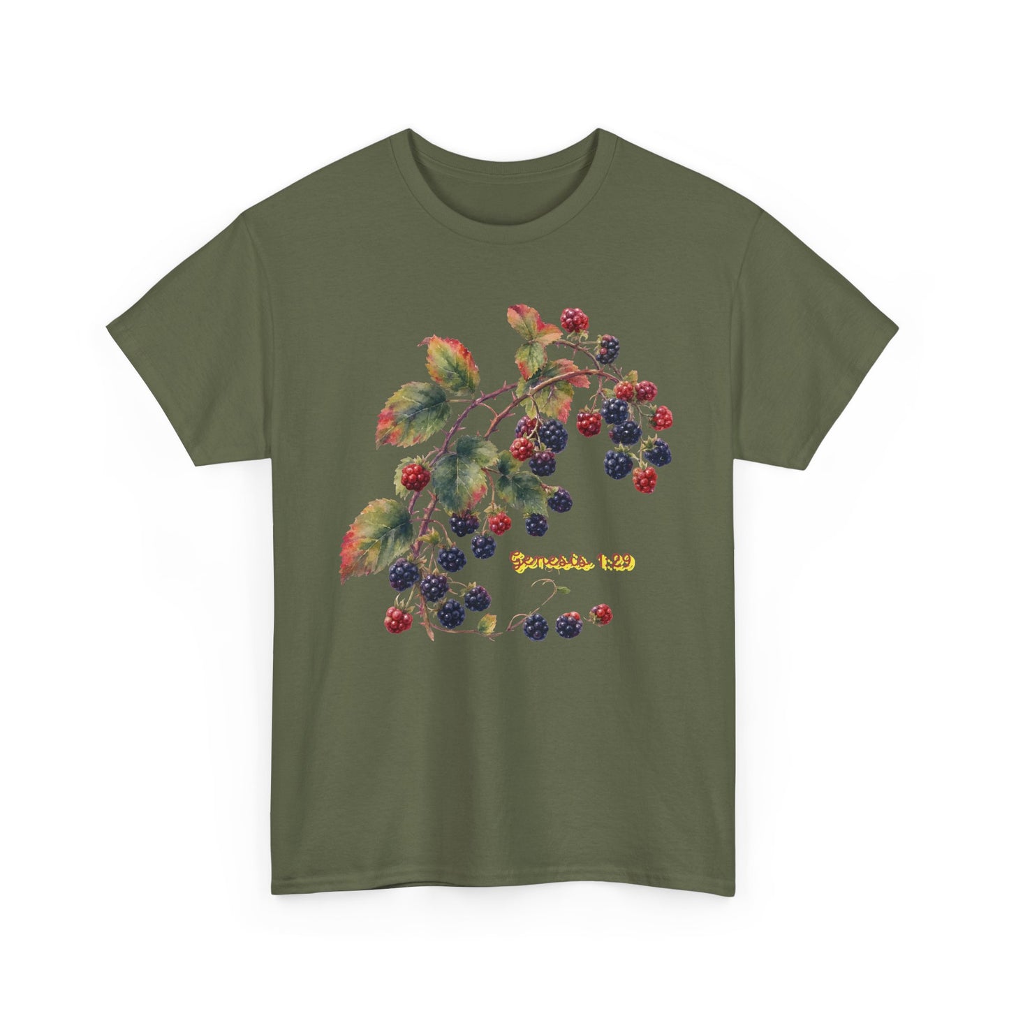 Blackberry Branch T-Shirt — Botanical Berry Illustration with "Genesis 1:29"