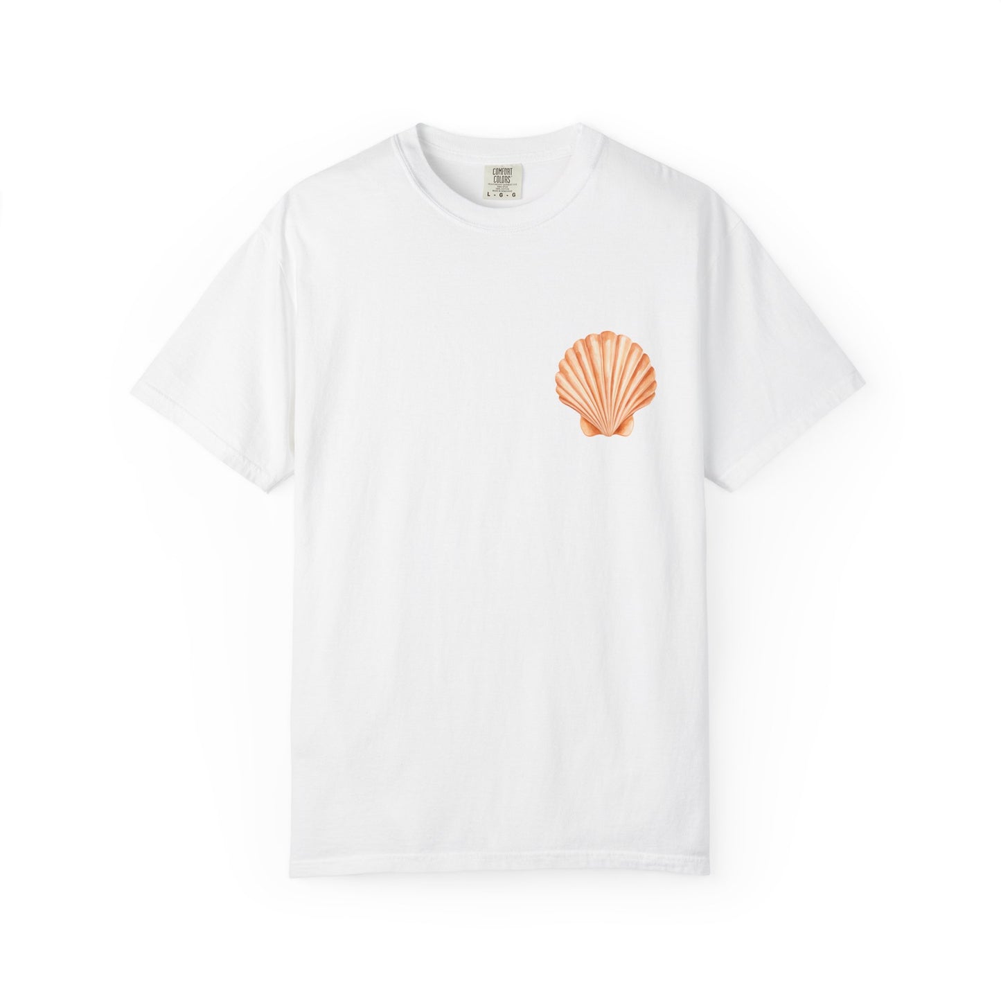 Shell Pocket T-Shirt — Minimal Beach Tee with Orange Seashell