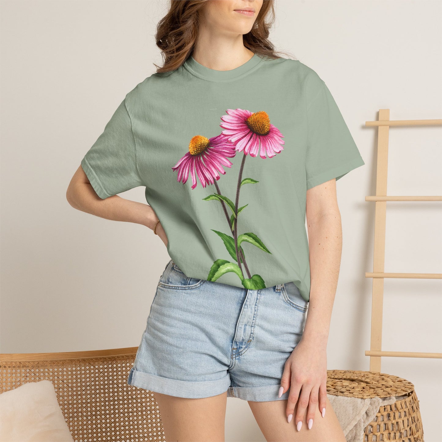 Floral Coneflower T-Shirt — Pink Echinacea Botanical Tee