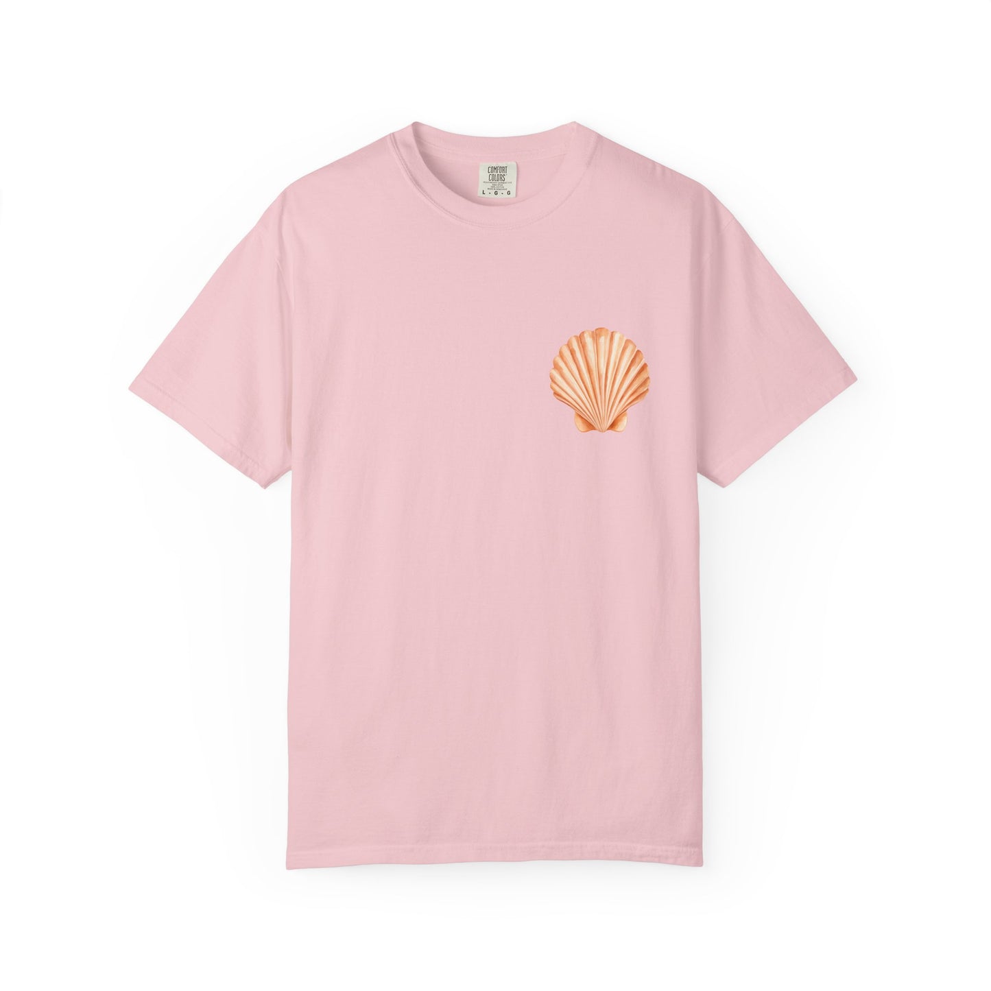 Shell Pocket T-Shirt — Minimal Beach Tee with Orange Seashell