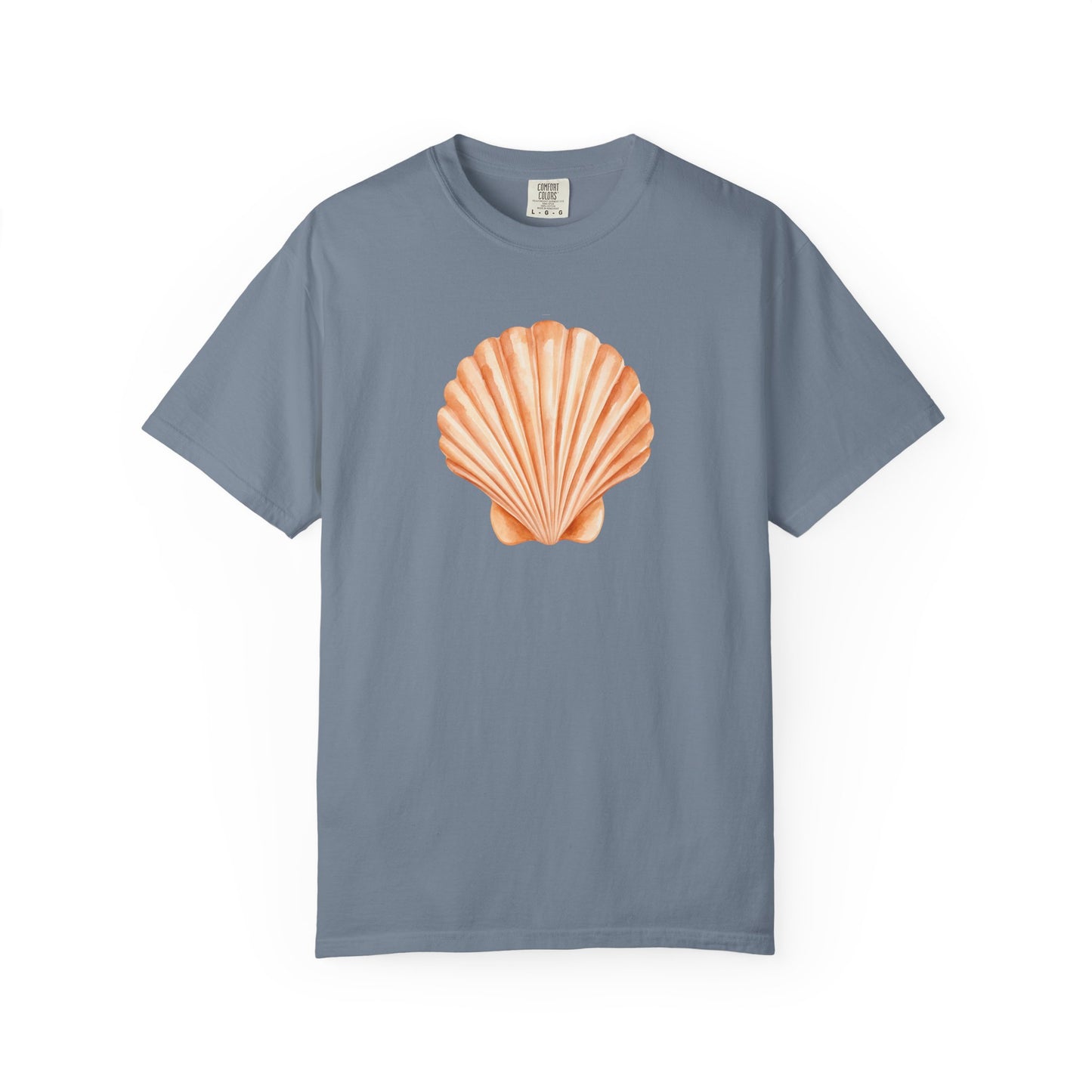 Shell Pocket T-Shirt — Minimal Beach Tee with Orange Seashell