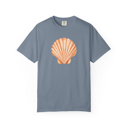 Shell Pocket T-Shirt — Minimal Beach Tee with Orange Seashell