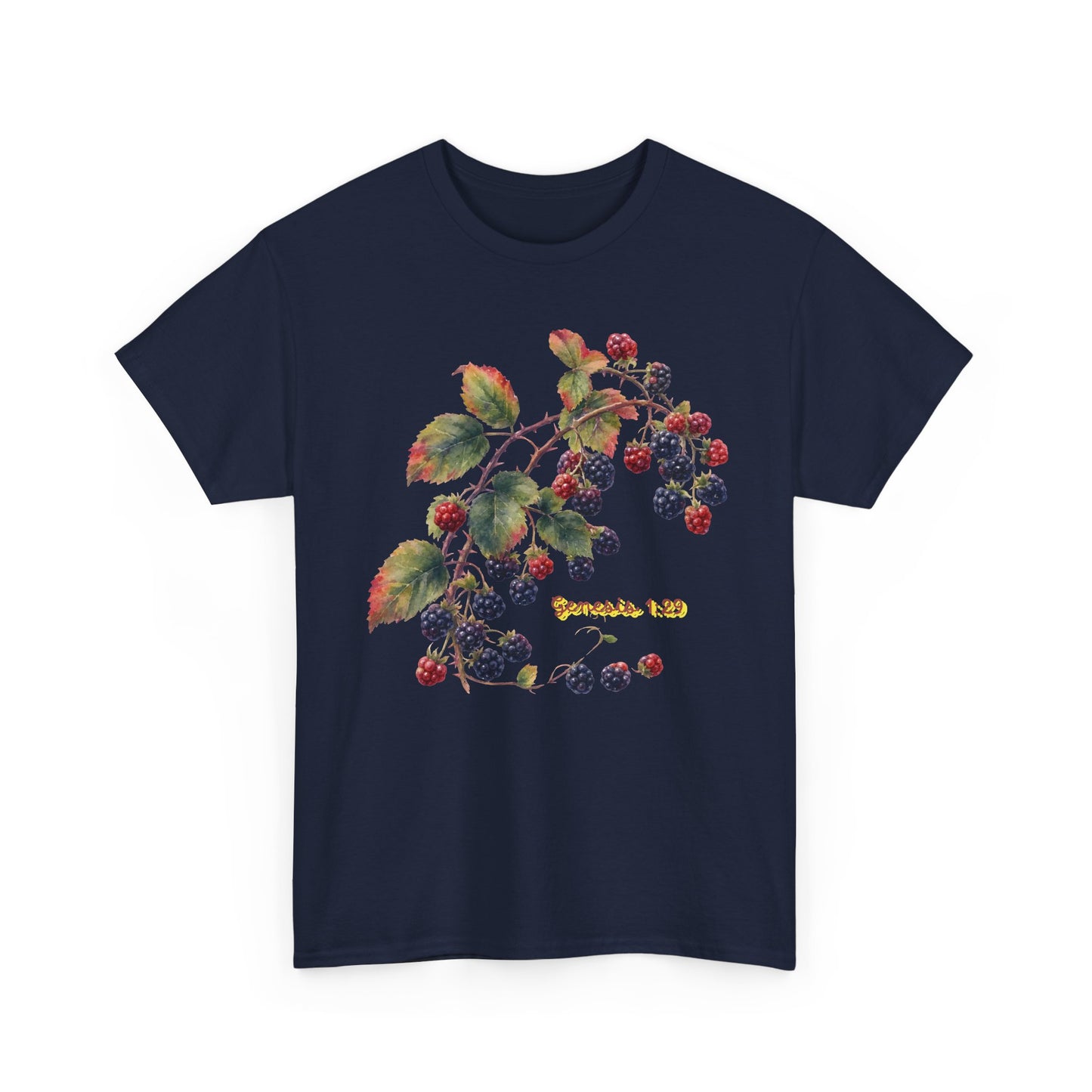 Blackberry Branch T-Shirt — Botanical Berry Illustration with "Genesis 1:29"