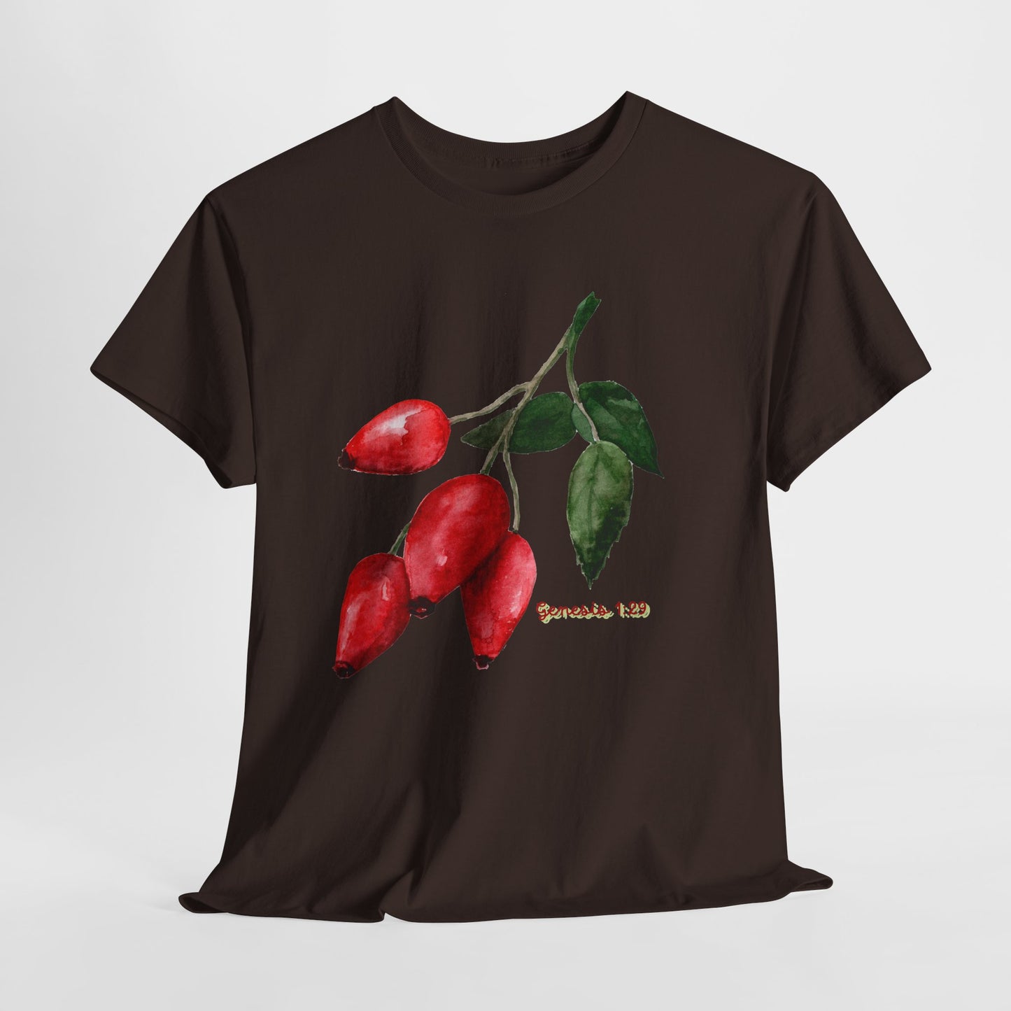 Rosehip Botanical Tee — Illustrated Rose Hips with Jeremiah 1:9 Scripture Accent
