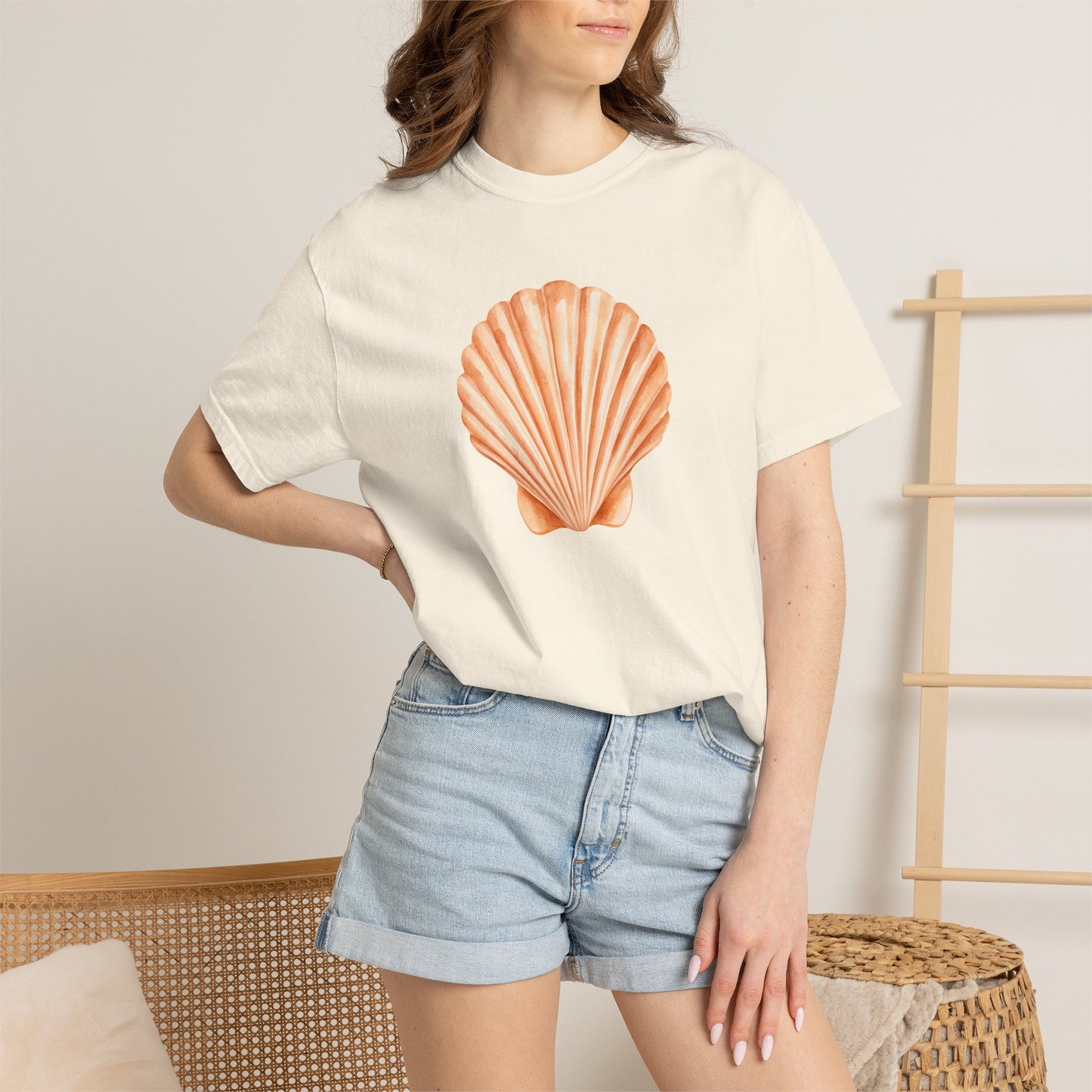 Shell Pocket T-Shirt — Minimal Beach Tee with Orange Seashell