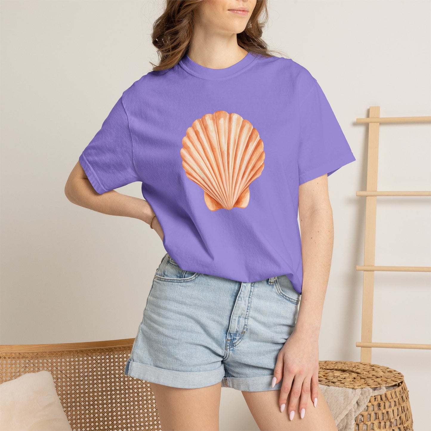 Shell Pocket T-Shirt — Minimal Beach Tee with Orange Seashell