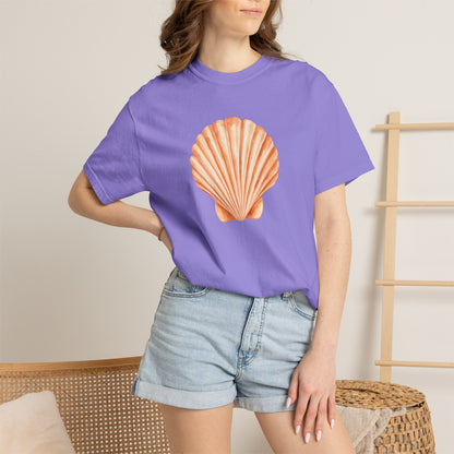 Shell Pocket T-Shirt — Minimal Beach Tee with Orange Seashell