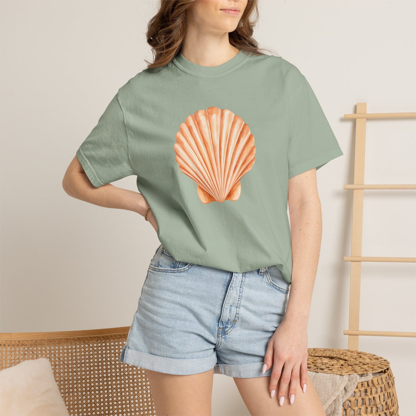 Shell Pocket T-Shirt — Minimal Beach Tee with Orange Seashell
