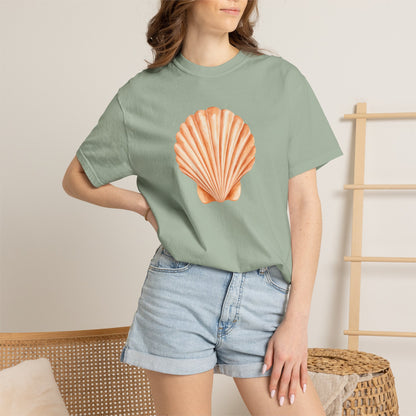 Shell Pocket T-Shirt — Minimal Beach Tee with Orange Seashell