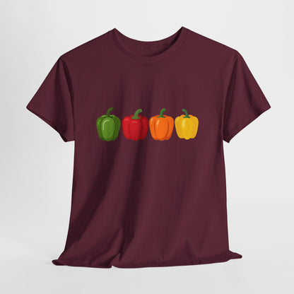 Bell Pepper Graphic Tee — Colorful Green Red Orange Yellow Peppers Shirt