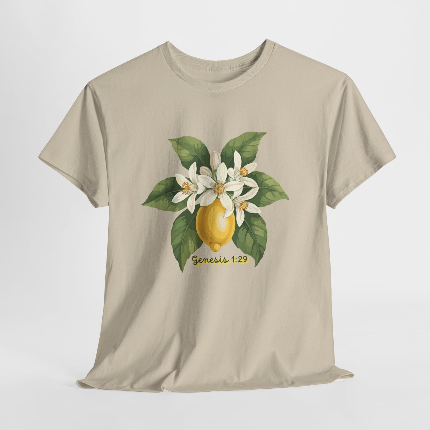 T-Shirt — Lemon Blossom Graphic Tee with 'Genesis 1:29' Scripture
