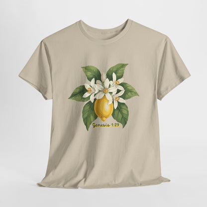 T-Shirt — Lemon Blossom Graphic Tee with 'Genesis 1:29' Scripture