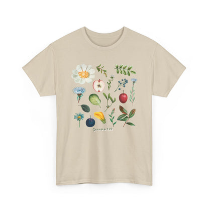 Botanical Fruit & Flower Tee — Watercolor Garden Illustration T-Shirt Genesis 1:29