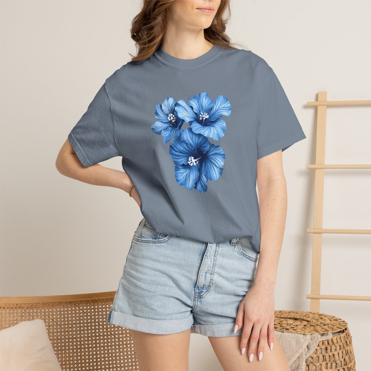 Blue Hibiscus Floral T-Shirt — Watercolor Flower Graphic Tee