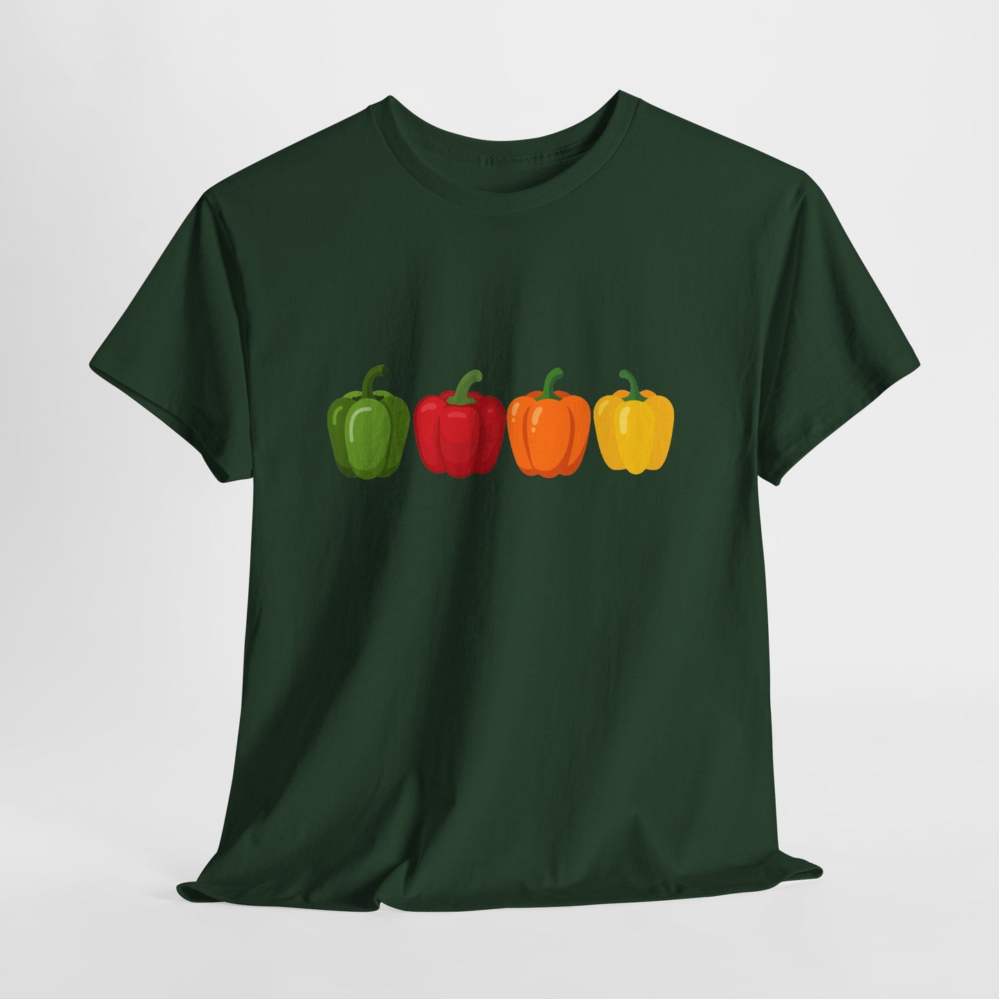 Bell Pepper Graphic Tee — Colorful Green Red Orange Yellow Peppers Shirt