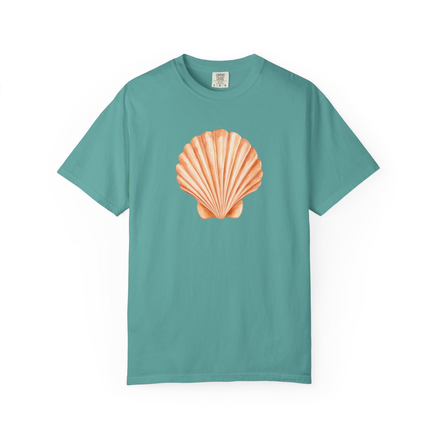 Shell Pocket T-Shirt — Minimal Beach Tee with Orange Seashell
