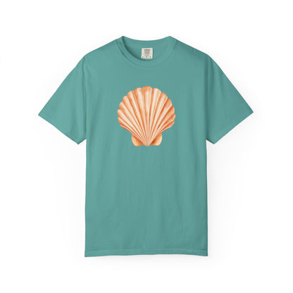 Shell Pocket T-Shirt — Minimal Beach Tee with Orange Seashell