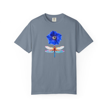 Dragonfly & Blue Blossom T-Shirt — Floral Nature Graphic Tee