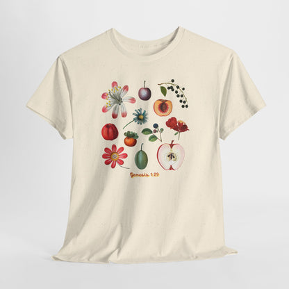 Botanical Fruit Garden T‑Shirt — Floral & Fruit Illustration Tee (Genesis 1:29)