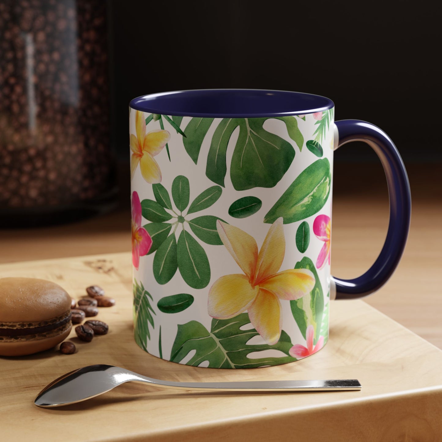 Tropical Floral Coffee Mug — Plumeria & Palm Accent Mug (11/15oz)
