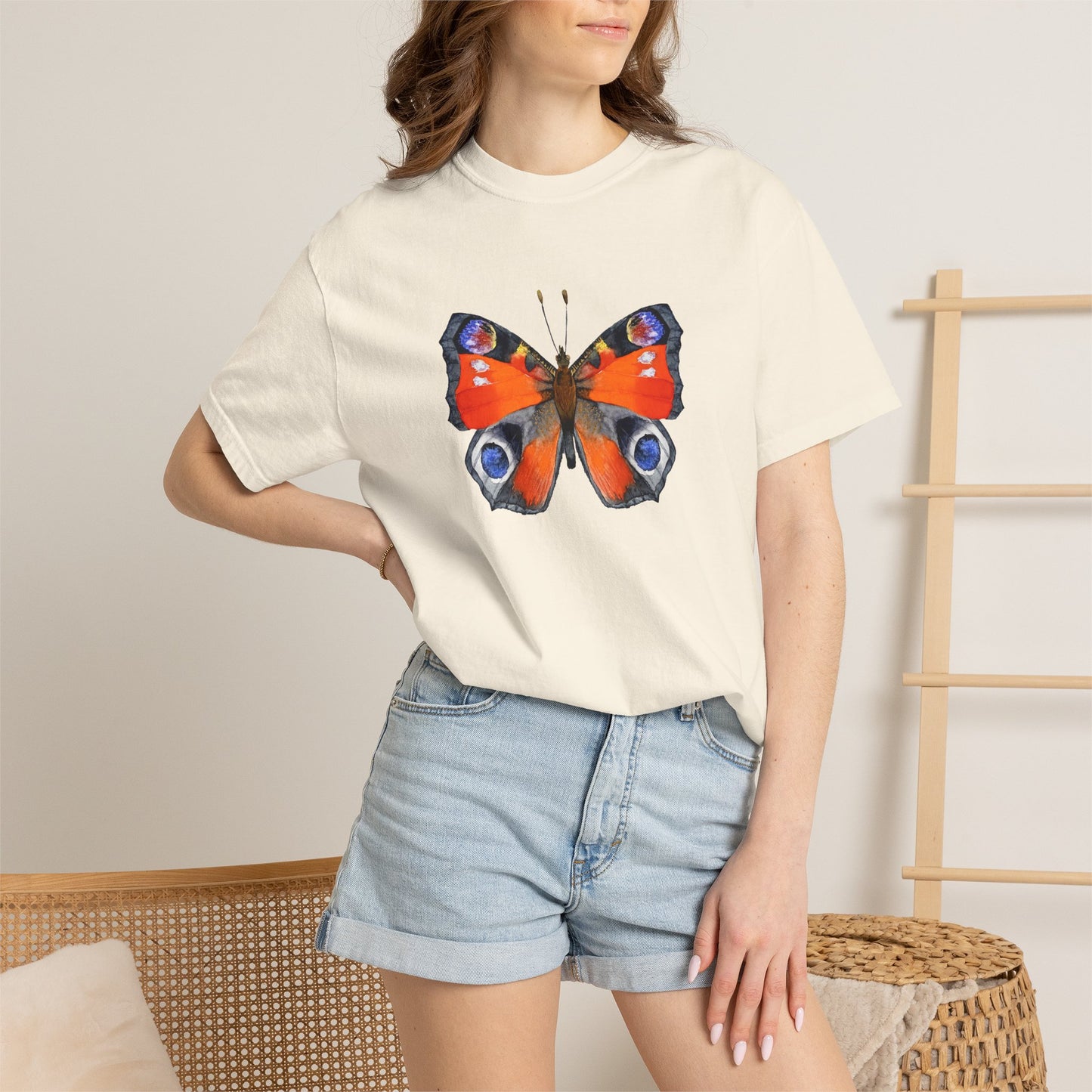 Butterfly Graphic T-Shirt — Vibrant Peacock Butterfly Print on Natural Tee