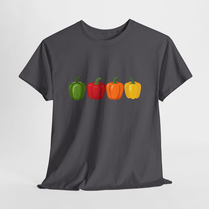 Bell Pepper Graphic Tee — Colorful Green Red Orange Yellow Peppers Shirt