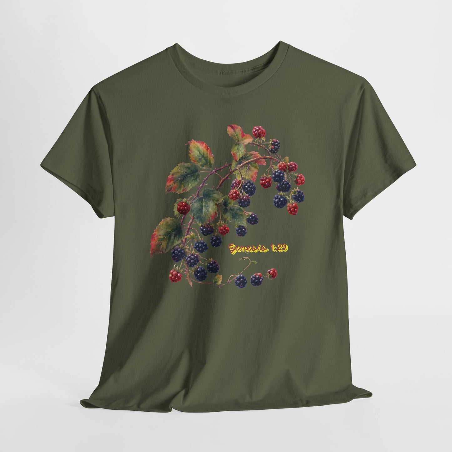 Blackberry Branch T-Shirt — Botanical Berry Illustration with "Genesis 1:29"