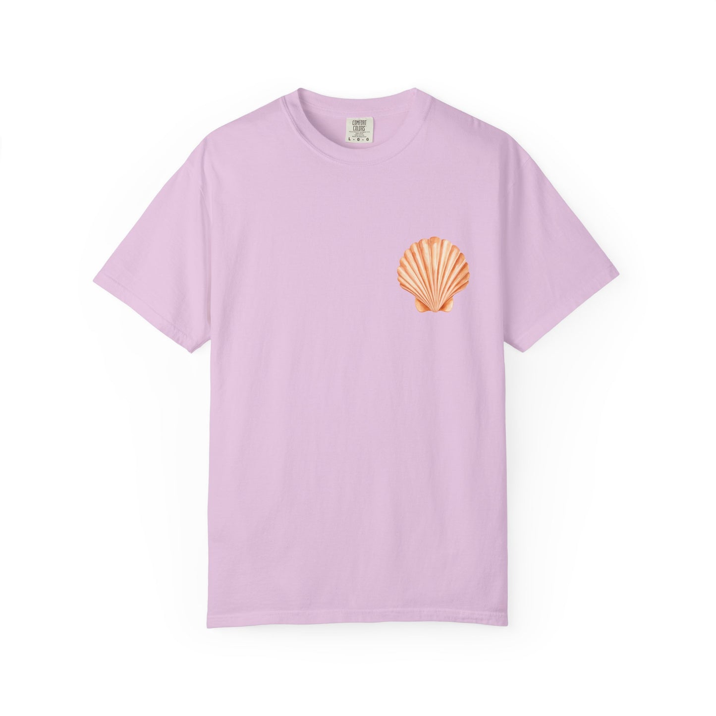 Shell Pocket T-Shirt — Minimal Beach Tee with Orange Seashell