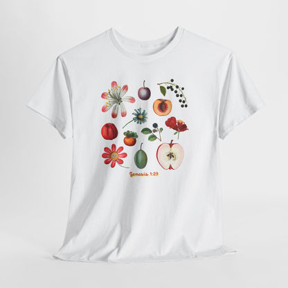 Botanical Fruit Garden T‑Shirt — Floral & Fruit Illustration Tee (Genesis 1:29)