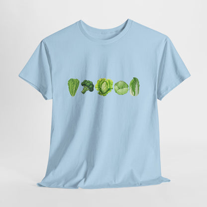 Vegetable Row T-Shirt — Green Veggies Lettuce Broccoli Cabbage Graphic Tee