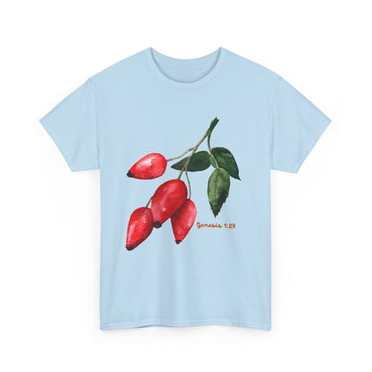 Rosehip Botanical Tee — Illustrated Rose Hips with Jeremiah 1:9 Scripture Accent