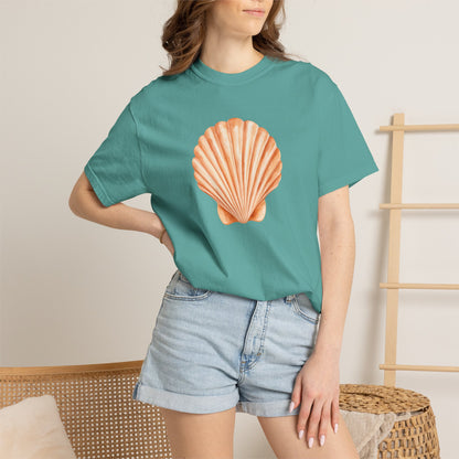 Shell Pocket T-Shirt — Minimal Beach Tee with Orange Seashell