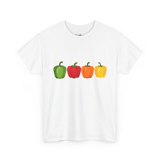 Bell Pepper Graphic Tee — Colorful Green Red Orange Yellow Peppers Shirt