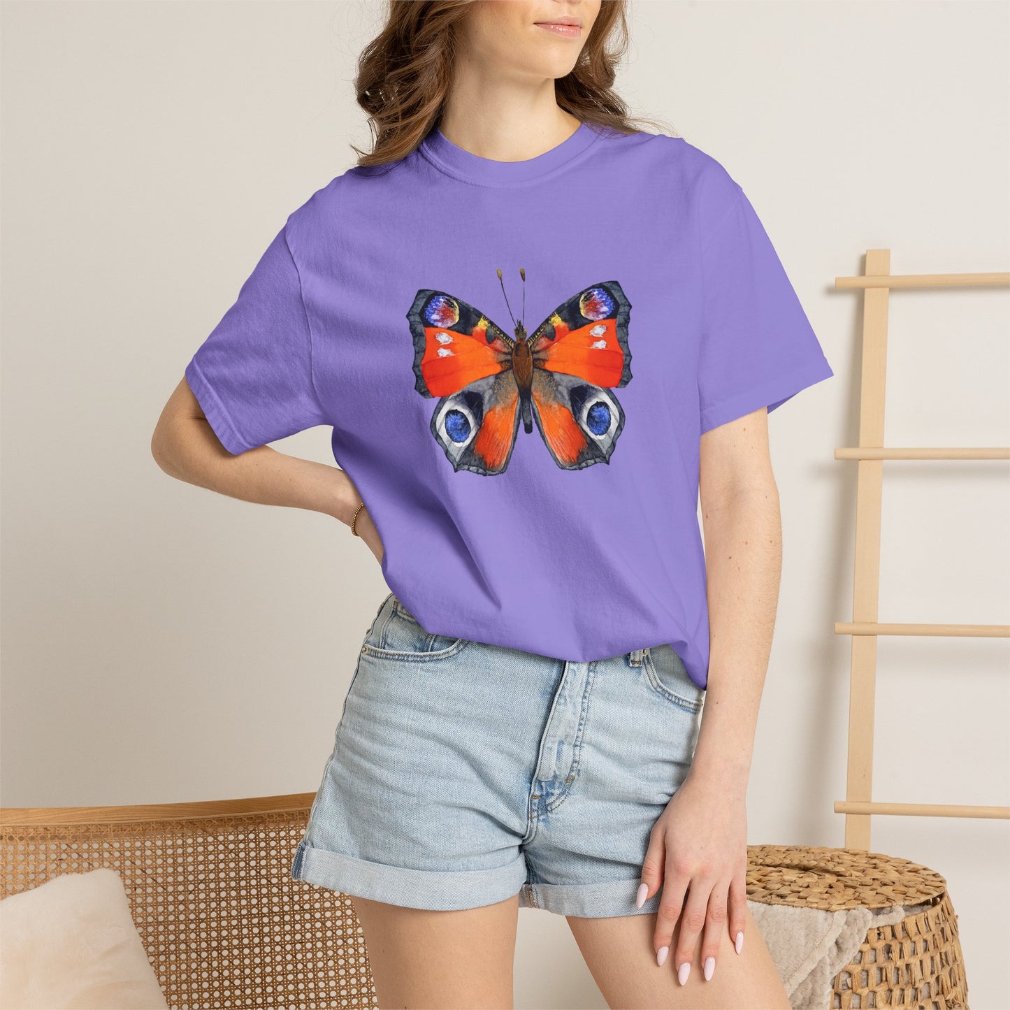 Butterfly Graphic T-Shirt — Vibrant Peacock Butterfly Print on Natural Tee