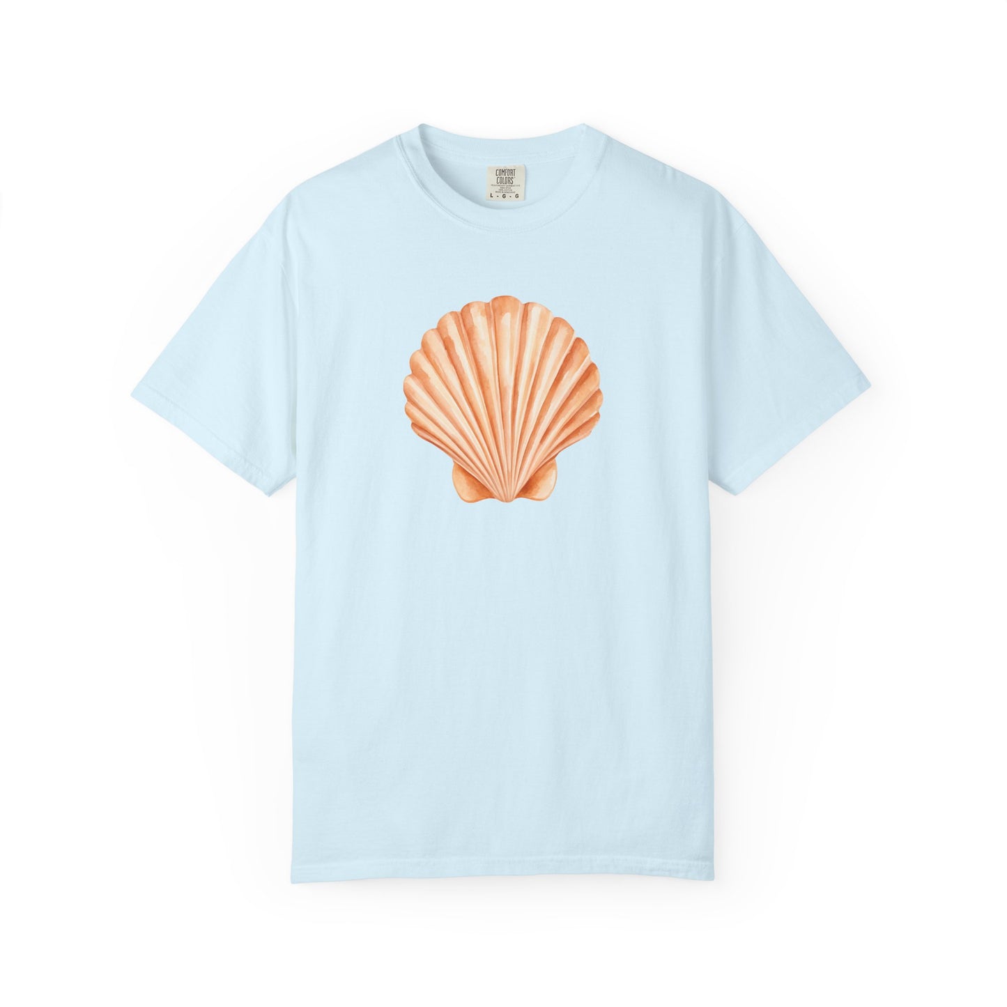 Shell Pocket T-Shirt — Minimal Beach Tee with Orange Seashell