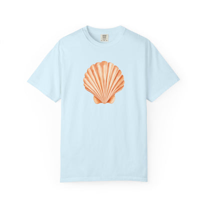 Shell Pocket T-Shirt — Minimal Beach Tee with Orange Seashell
