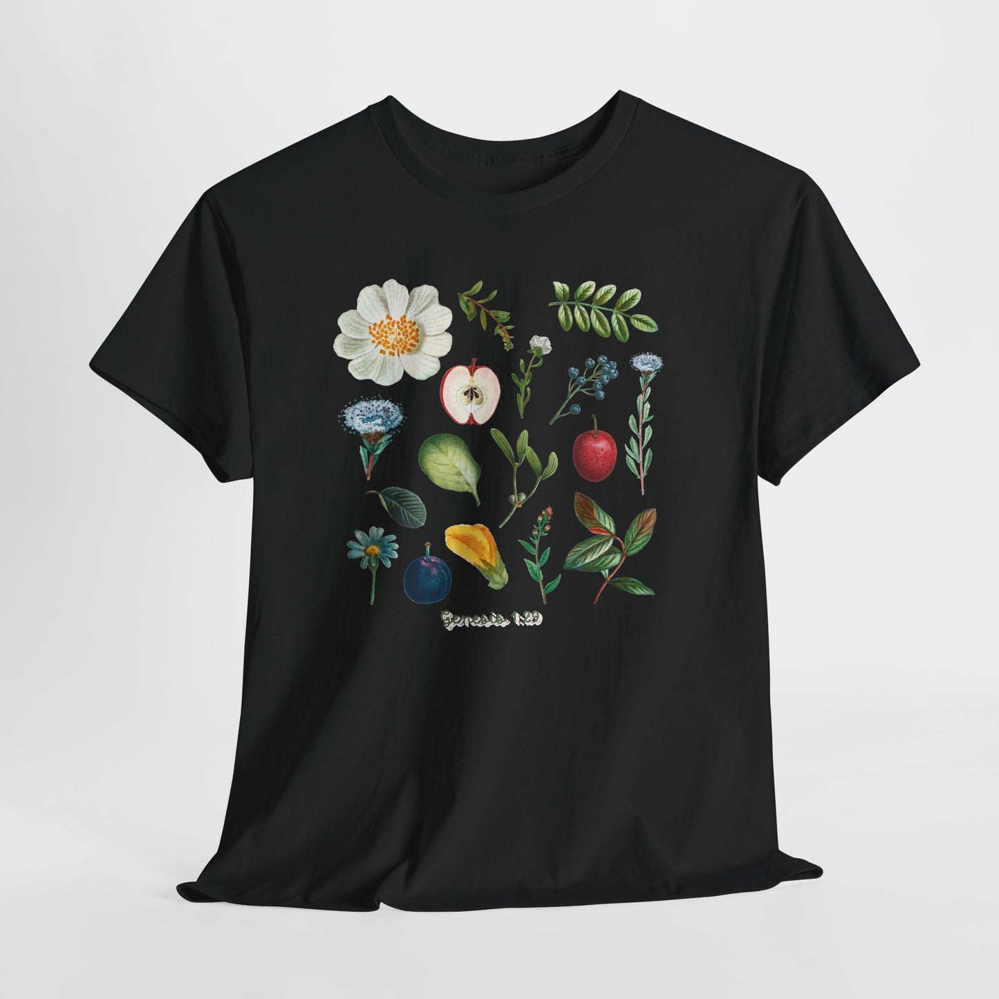 Botanical Fruit & Flower Tee — Watercolor Garden Illustration T-Shirt Genesis 1:29