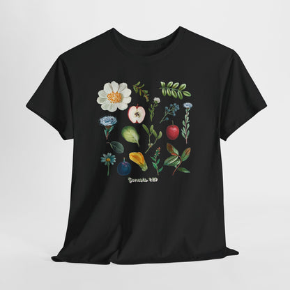 Botanical Fruit & Flower Tee — Watercolor Garden Illustration T-Shirt Genesis 1:29
