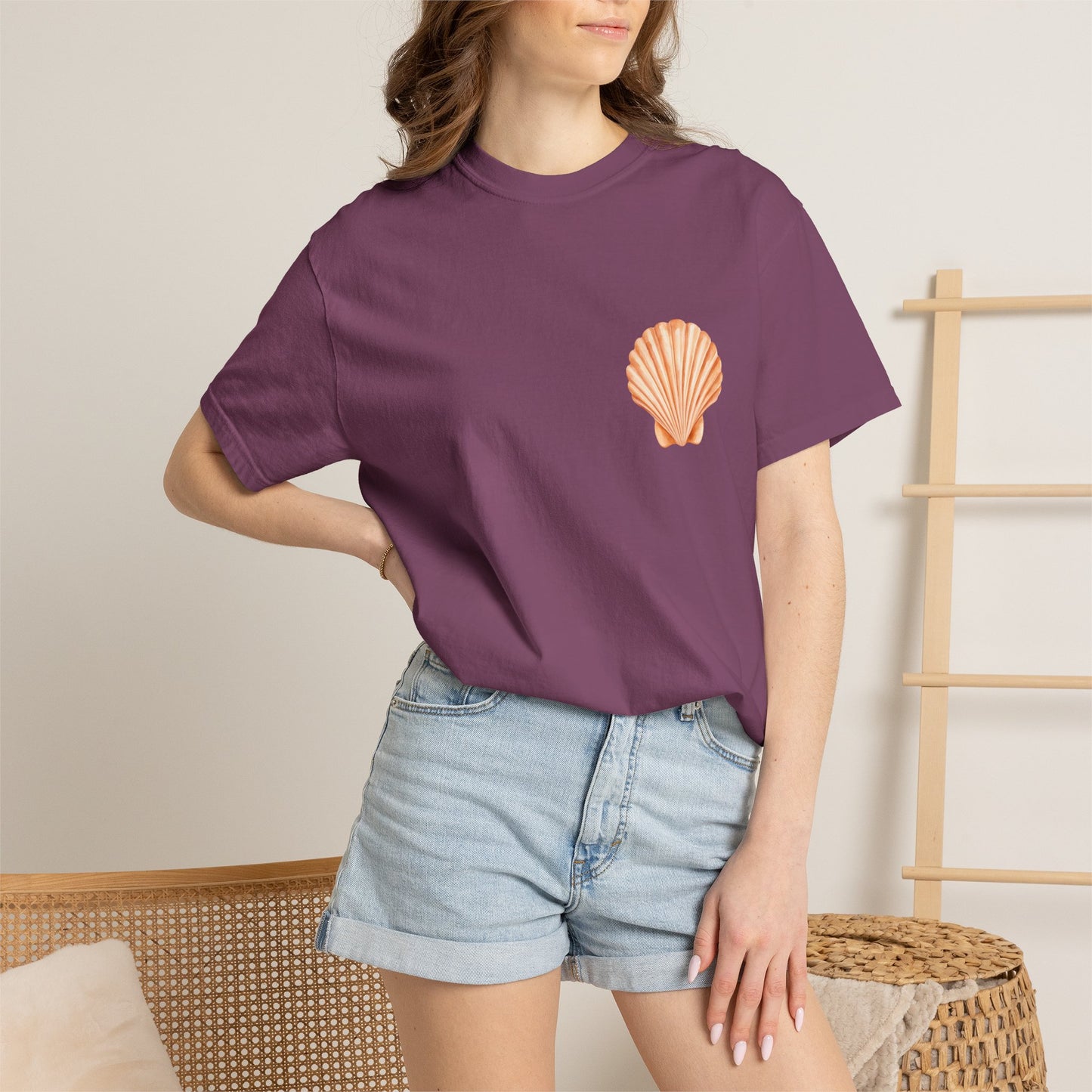 Shell Pocket T-Shirt — Minimal Beach Tee with Orange Seashell