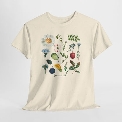 Botanical Fruit & Flower Tee — Watercolor Garden Illustration T-Shirt Genesis 1:29