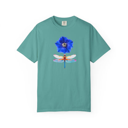 Dragonfly & Blue Blossom T-Shirt — Floral Nature Graphic Tee