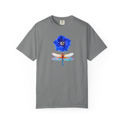 Dragonfly & Blue Blossom T-Shirt — Floral Nature Graphic Tee